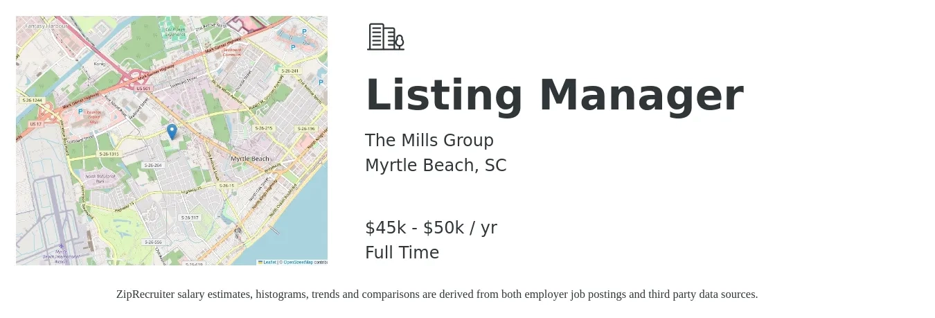 The Mills Group job posting for a Listing Manager in Myrtle Beach, SC with a salary of $45,000 to $50,000 Yearly with a map of Myrtle Beach location.