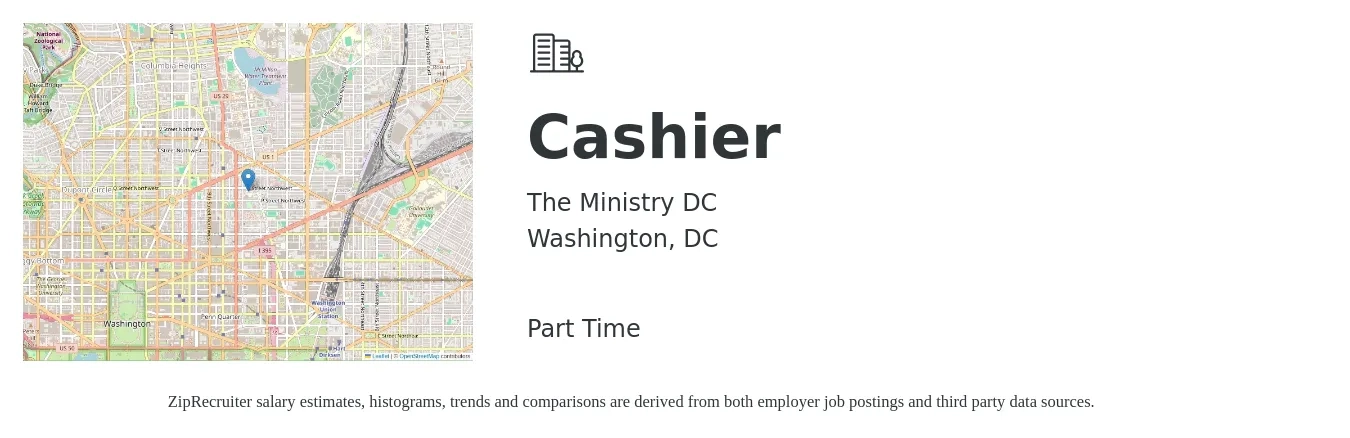 The Ministry DC job posting for a Cashier in Washington, DC with a salary of $13 to $18 Hourly with a map of Washington location.