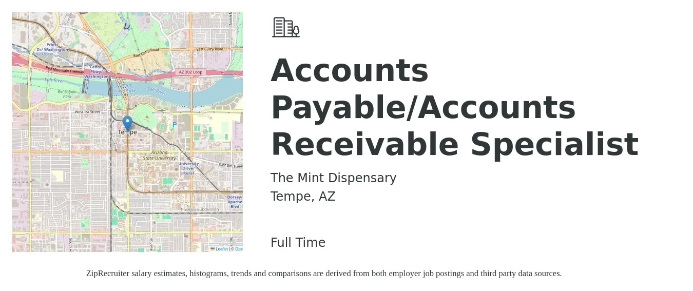 The Mint Dispensary job posting for a Accounts Payable/Accounts Receivable Specialist in Tempe, AZ with a salary of $60,000 to $65,000 Yearly with a map of Tempe location.