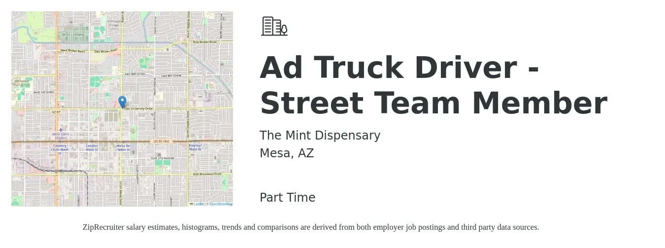 The Mint Dispensary job posting for a Ad Truck Driver - Street Team Member in Mesa, AZ with a salary of $17 to $28 Hourly with a map of Mesa location.