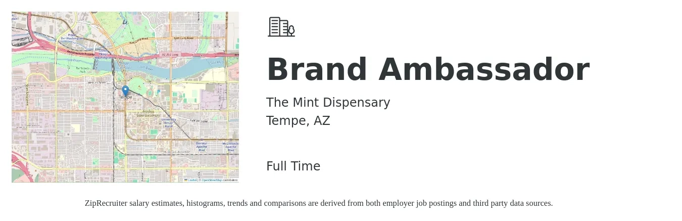 The Mint Dispensary job posting for a Brand Ambassador in Tempe, AZ with a salary of $18 Hourly with a map of Tempe location.