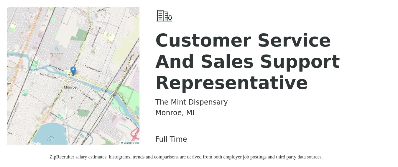 The Mint Dispensary job posting for a Customer Service And Sales Support Representative in Monroe, MI with a salary of $17 to $26 Hourly with a map of Monroe location.
