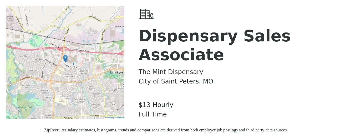 The Mint Dispensary job posting for a Dispensary Sales Associate in City of Saint Peters, MO with a salary of $29,001 to $30,000 Yearly with a map of City of Saint Peters location.