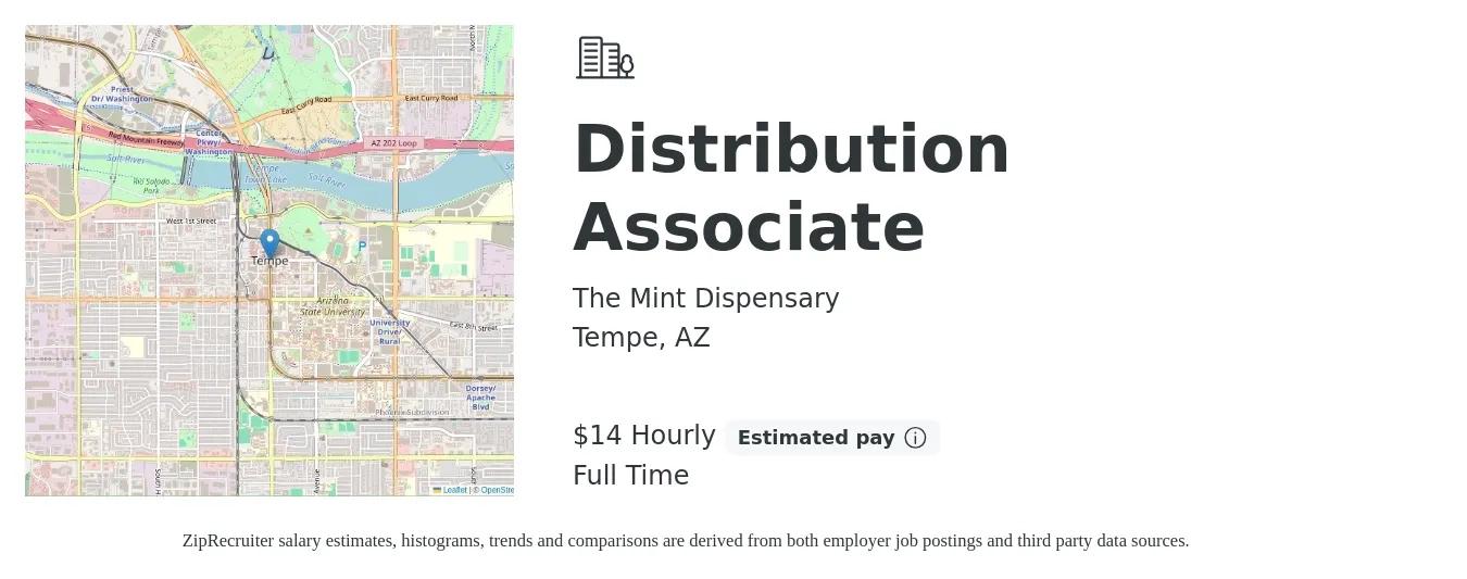 The Mint Dispensary job posting for a Distribution Associate in Tempe, AZ with a salary of $15 Hourly with a map of Tempe location.