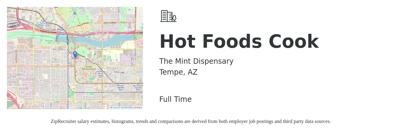 The Mint Dispensary job posting for a Hot Foods Cook in Tempe, AZ with a salary of $14 to $18 Hourly with a map of Tempe location.