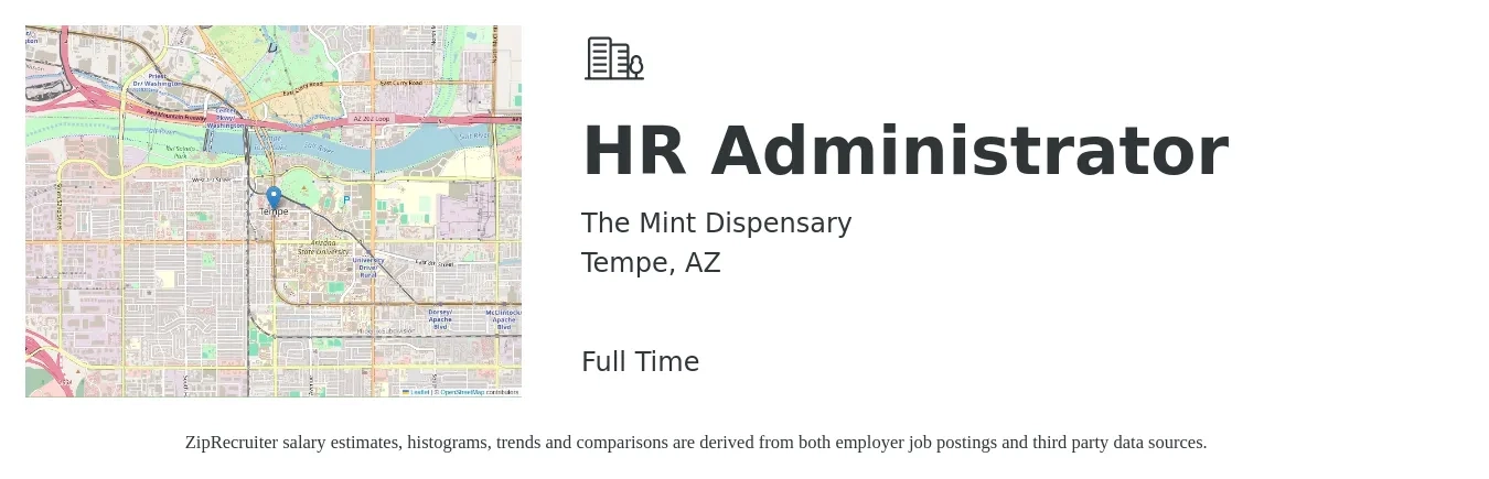 The Mint Dispensary job posting for a HR Administrator in Tempe, AZ with a salary of $45,000 to $47,000 Yearly with a map of Tempe location.