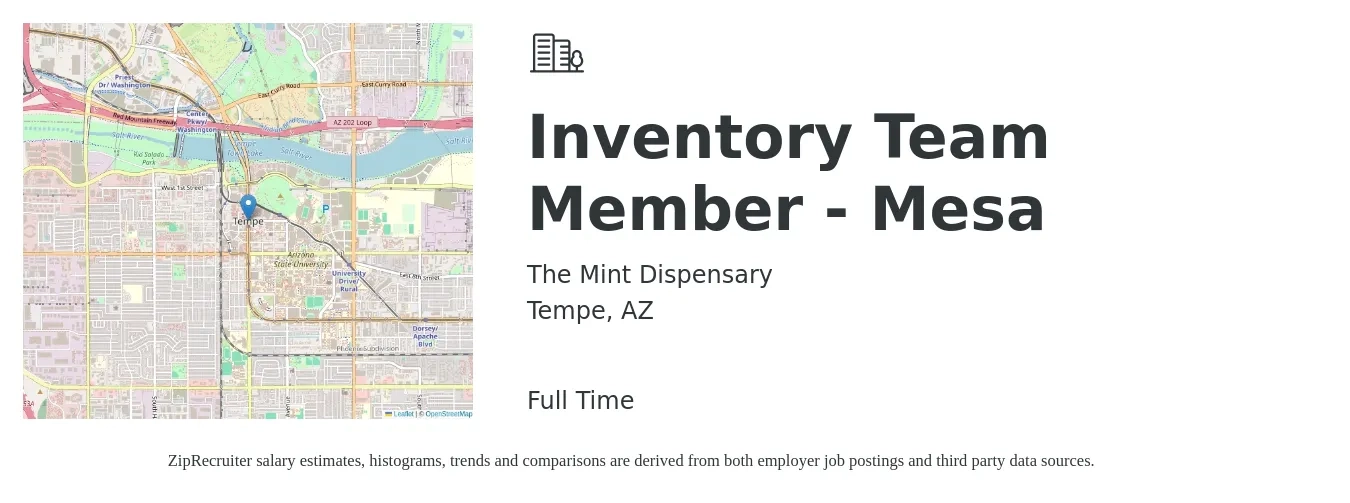 The Mint Dispensary job posting for a Inventory Team Member - Mesa in Tempe, AZ with a salary of $16 Hourly with a map of Tempe location.