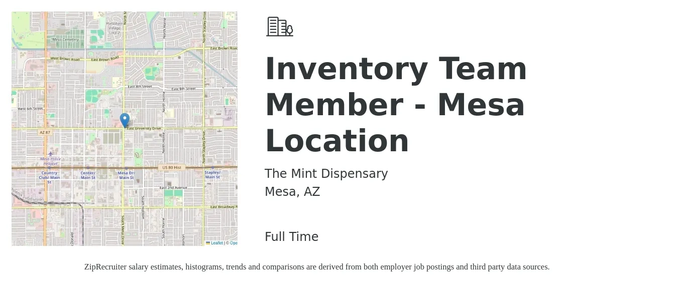 The Mint Dispensary job posting for a Inventory Team Member - Mesa Location in Mesa, AZ with a salary of $12 to $16 Hourly with a map of Mesa location.