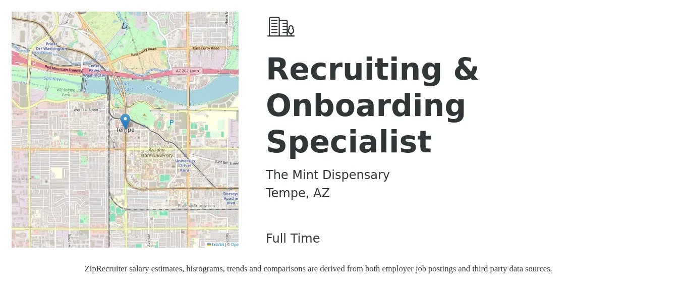 The Mint Dispensary job posting for a Recruiting & Onboarding Specialist in Tempe, AZ with a salary of $20 to $29 Hourly with a map of Tempe location.