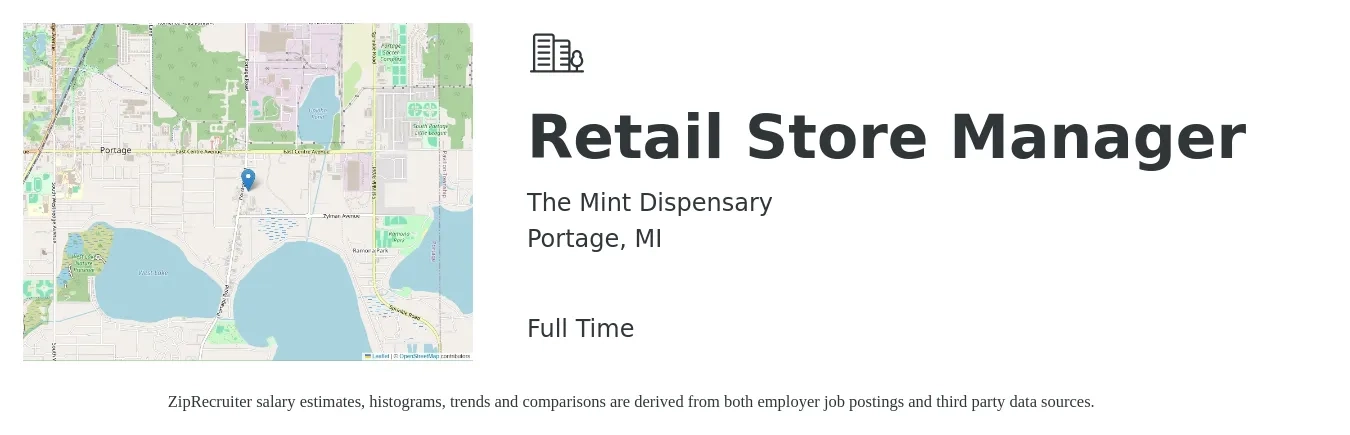 The Mint Dispensary job posting for a Retail Store Manager in Portage, MI with a salary of $17 to $26 Hourly with a map of Portage location.
