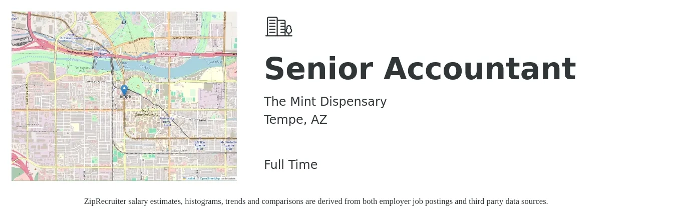 The Mint Dispensary job posting for a Senior Accountant in Tempe, AZ with a salary of $60,000 to $70,000 Yearly with a map of Tempe location.
