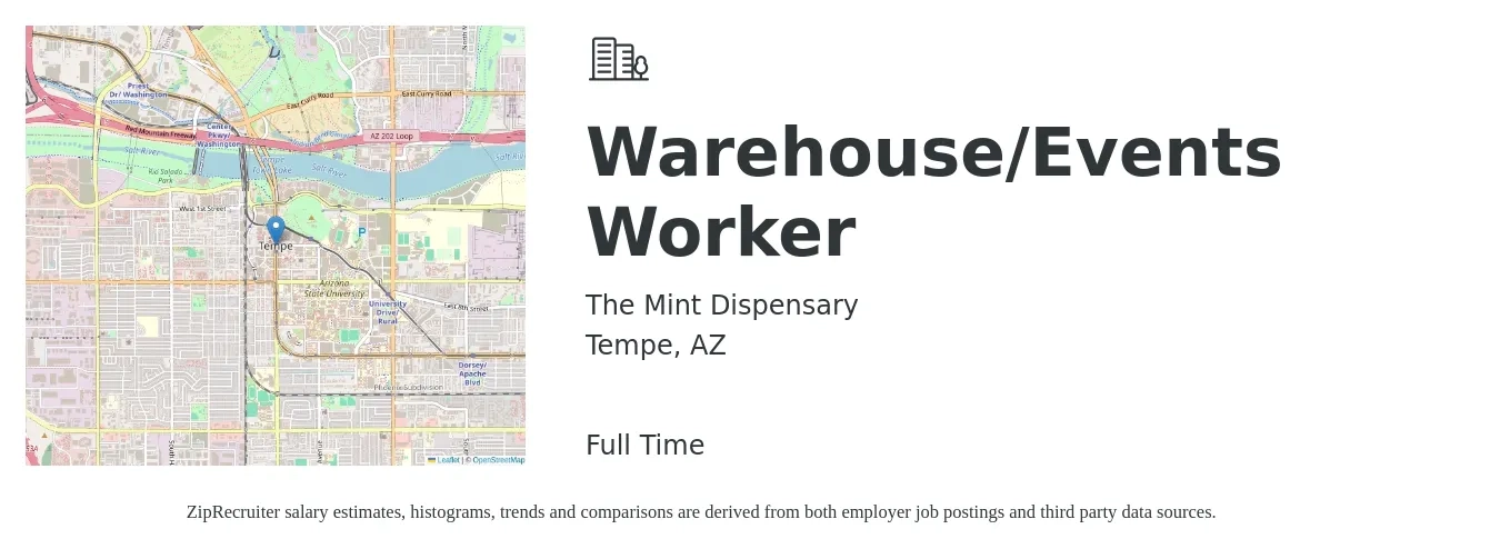 The Mint Dispensary job posting for a Warehouse/Events Worker in Tempe, AZ with a salary of $16 to $19 Hourly with a map of Tempe location.