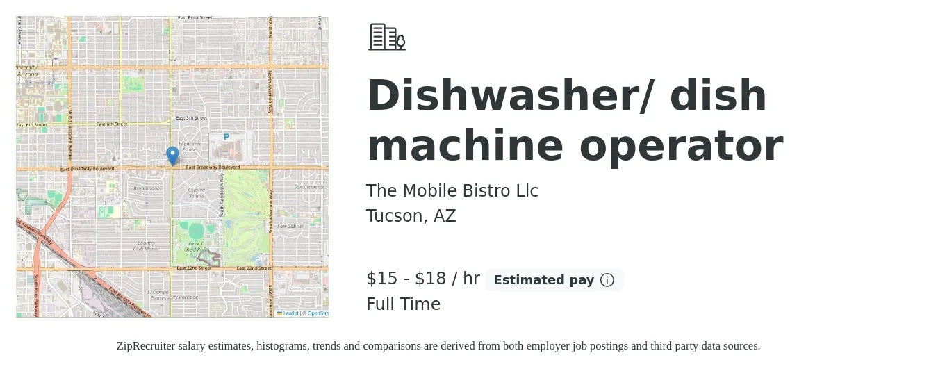The Mobile Bistro Llc job posting for a Dishwasher/ dish machine operator in Tucson, AZ with a salary of $16 to $19 Hourly with a map of Tucson location.