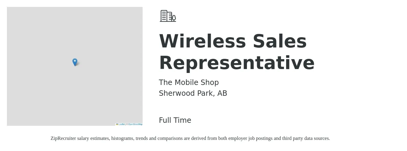 The Mobile Shop job posting for a Wireless Sales Representative in Sherwood Park, AB with a map of Sherwood Park location.