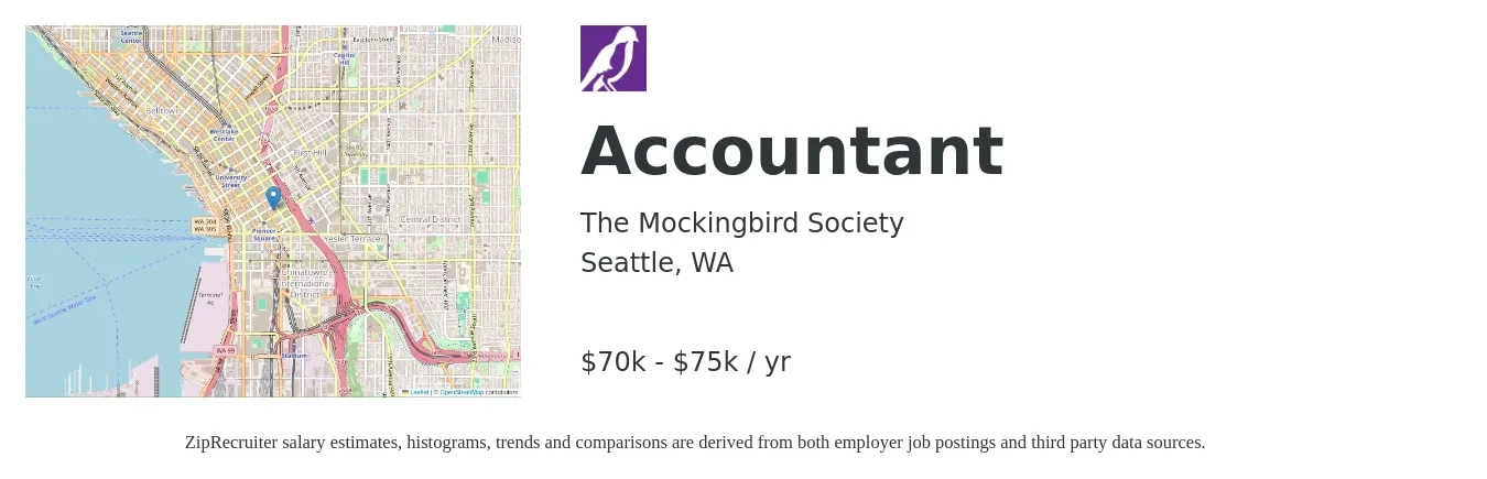 The Mockingbird Society job posting for a Accountant in Seattle, WA with a salary of $65,000 Yearly with a map of Seattle location.