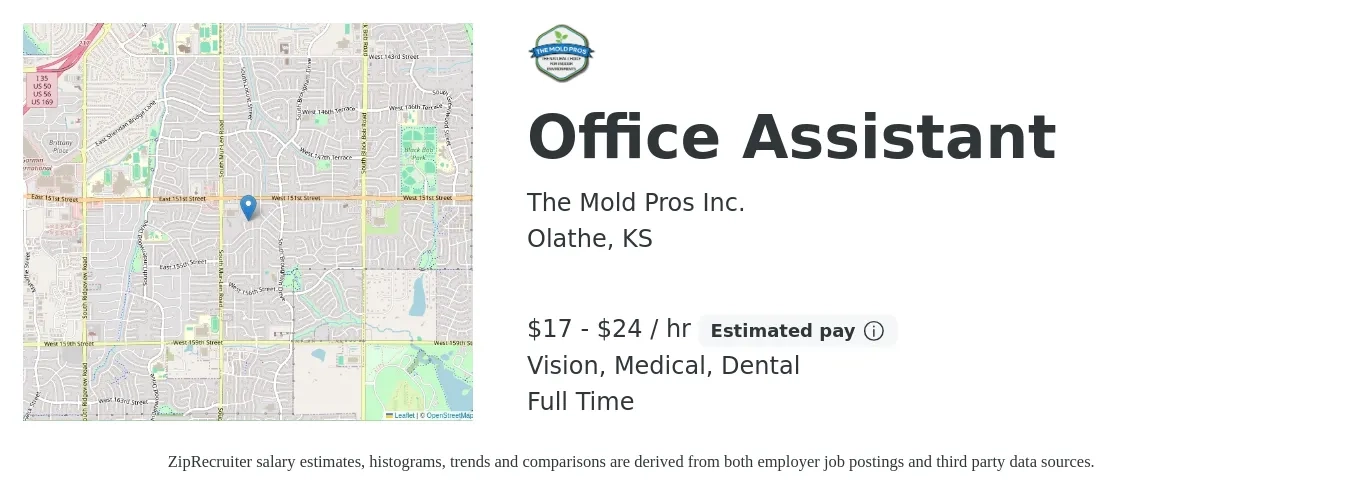 The Mold Pros Inc. job posting for a Office Assistant in Olathe, KS with a salary of $18 to $25 Hourly (plus commission) and benefits including medical, retirement, vision, and dental with a map of Olathe location.