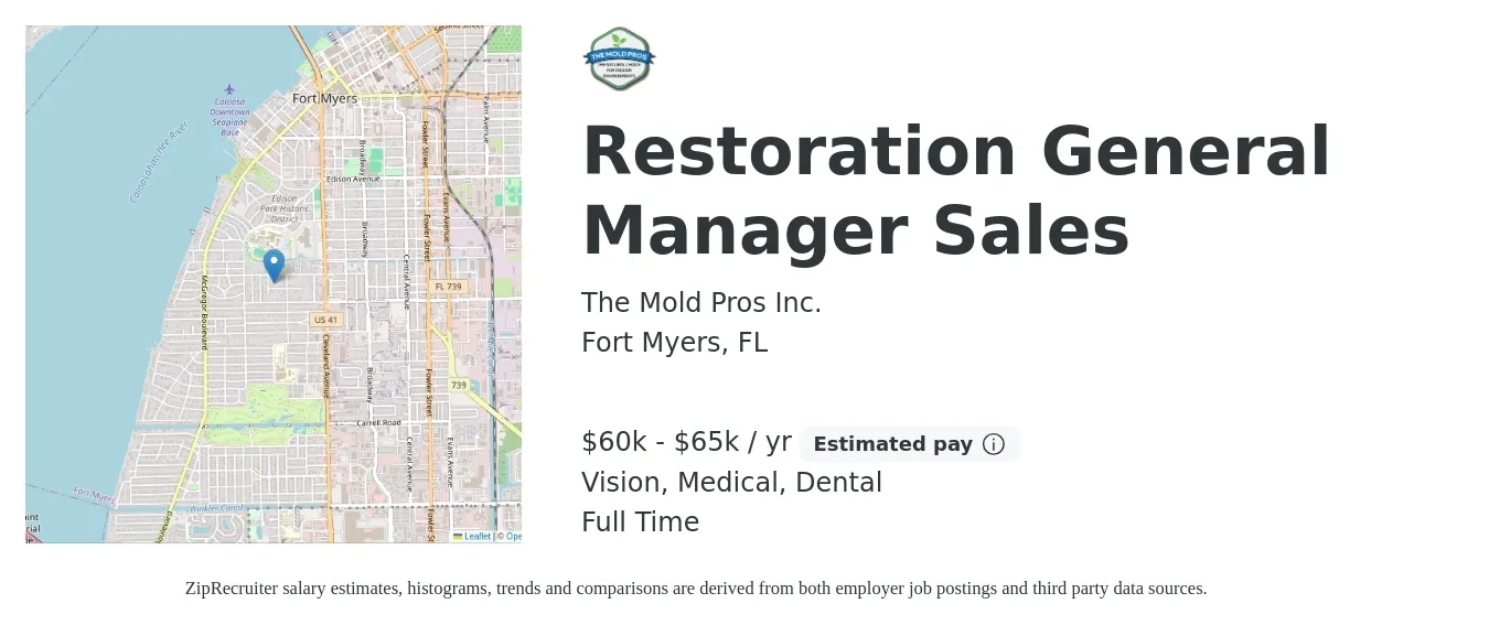 The Mold Pros Inc. job posting for a Restoration General Manager Sales in Fort Myers, FL with a salary of $60,000 to $65,000 Yearly and benefits including dental, medical, retirement, and vision with a map of Fort Myers location.