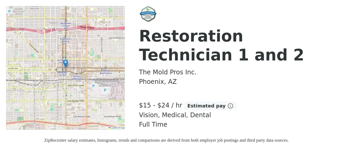 The Mold Pros Inc. job posting for a Restoration Technician 1 and 2 in Phoenix, AZ with a salary of $16 to $25 Hourly and benefits including medical, retirement, vision, and dental with a map of Phoenix location.
