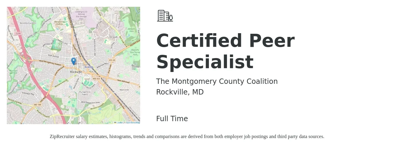The Montgomery County Coalition job posting for a Certified Peer Specialist in Rockville, MD with a salary of $18 to $22 Hourly with a map of Rockville location.