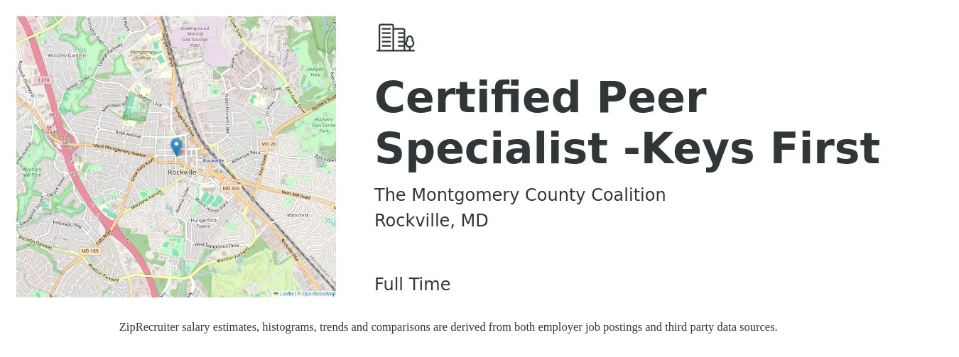 The Montgomery County Coalition job posting for a Certified Peer Specialist -Keys First in Rockville, MD with a salary of $18 to $22 Hourly with a map of Rockville location.