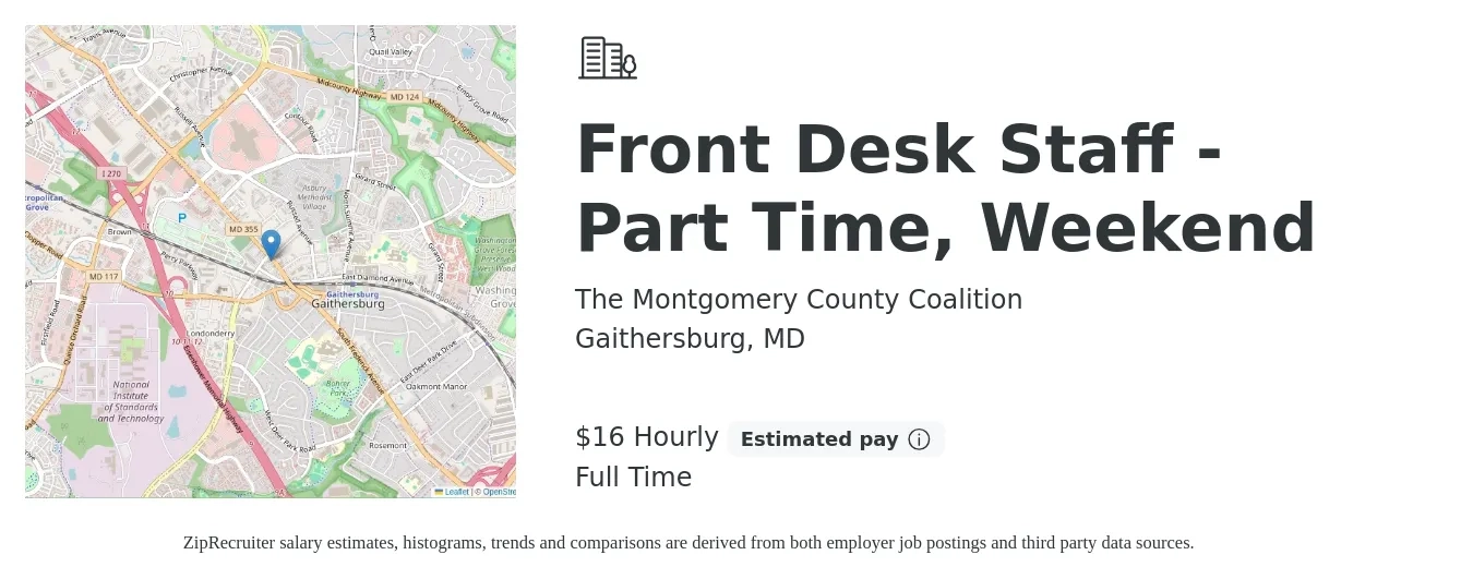 The Montgomery County Coalition job posting for a Front Desk Staff - Part Time, Weekend in Gaithersburg, MD with a salary of $17 Hourly with a map of Gaithersburg location.