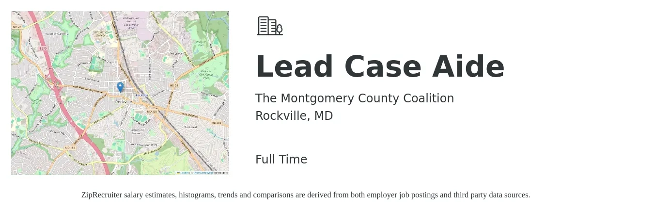 The Montgomery County Coalition job posting for a Lead Case Aide in Rockville, MD with a salary of $19 Hourly with a map of Rockville location.