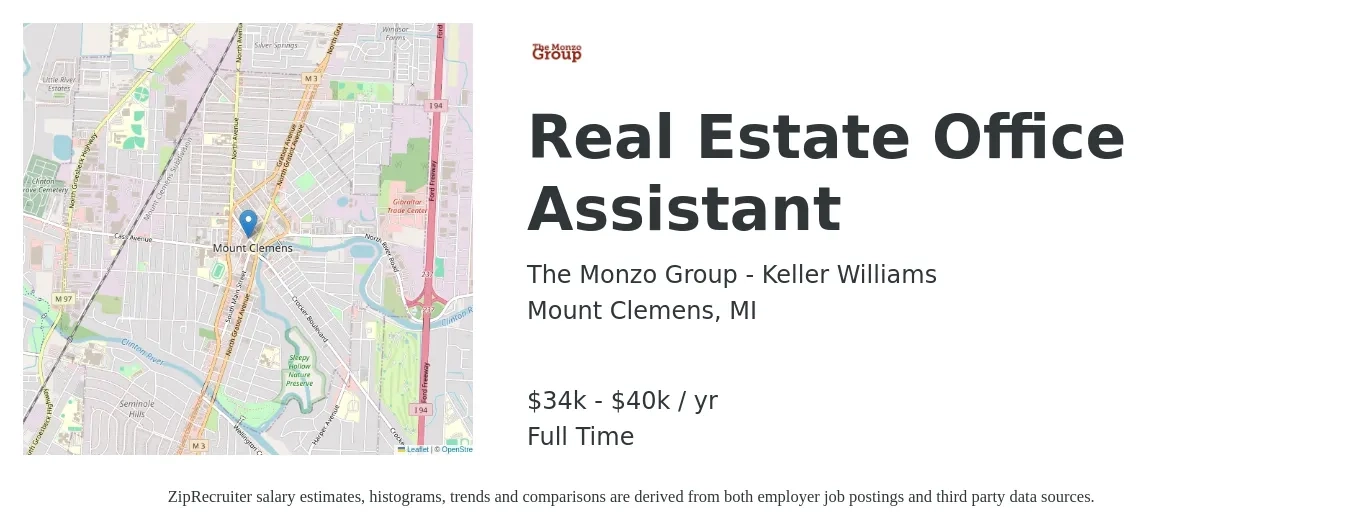 The Monzo Group - Keller Williams job posting for a Real Estate Office Assistant in Mount Clemens, MI with a salary of $34,000 to $40,000 Yearly with a map of Mount Clemens location.