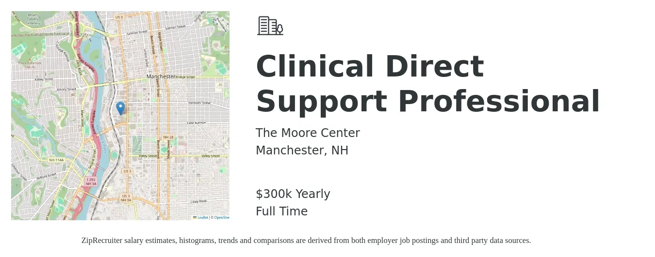 The Moore Center job posting for a Clinical Direct Support Professional in Manchester, NH with a salary of $15 to $18 Hourly with a map of Manchester location.