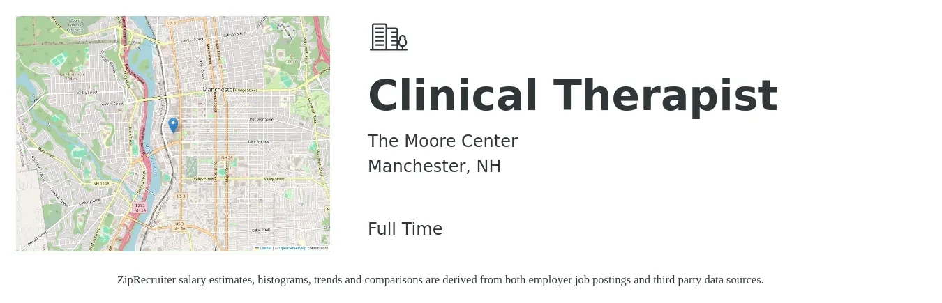 The Moore Center job posting for a Clinical Therapist in Manchester, NH with a salary of $59,200 to $79,700 Yearly with a map of Manchester location.
