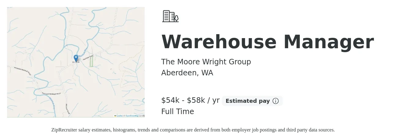 The Moore Wright Group job posting for a Warehouse Manager in Aberdeen, WA with a salary of $54,000 to $58,000 Yearly with a map of Aberdeen location.