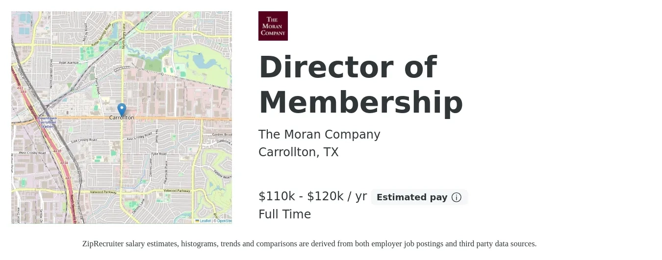 The Moran Company job posting for a Director of Membership in Carrollton, TX with a salary of $110,000 to $120,000 Yearly with a map of Carrollton location.