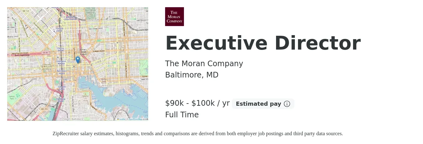 The Moran Company job posting for a Executive Director in Baltimore, MD with a salary of $90,000 to $100,000 Yearly with a map of Baltimore location.