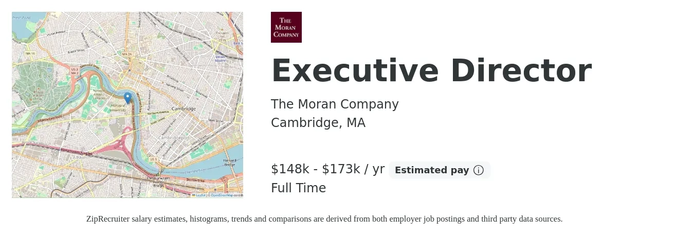The Moran Company job posting for a Executive Director in Cambridge, MA with a salary of $148,000 to $173,000 Yearly with a map of Cambridge location.