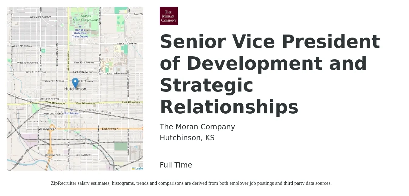 The Moran Company job posting for a Senior Vice President of Development and Strategic Relationships in Hutchinson, KS with a salary of $100,000 to $130,000 Yearly with a map of Hutchinson location.