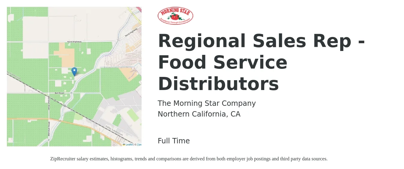 The Morning Star Company job posting for a Regional Sales Rep - Food Service Distributors in Northern California, CA with a salary of $51,400 to $94,200 Yearly with a map of Northern California location.