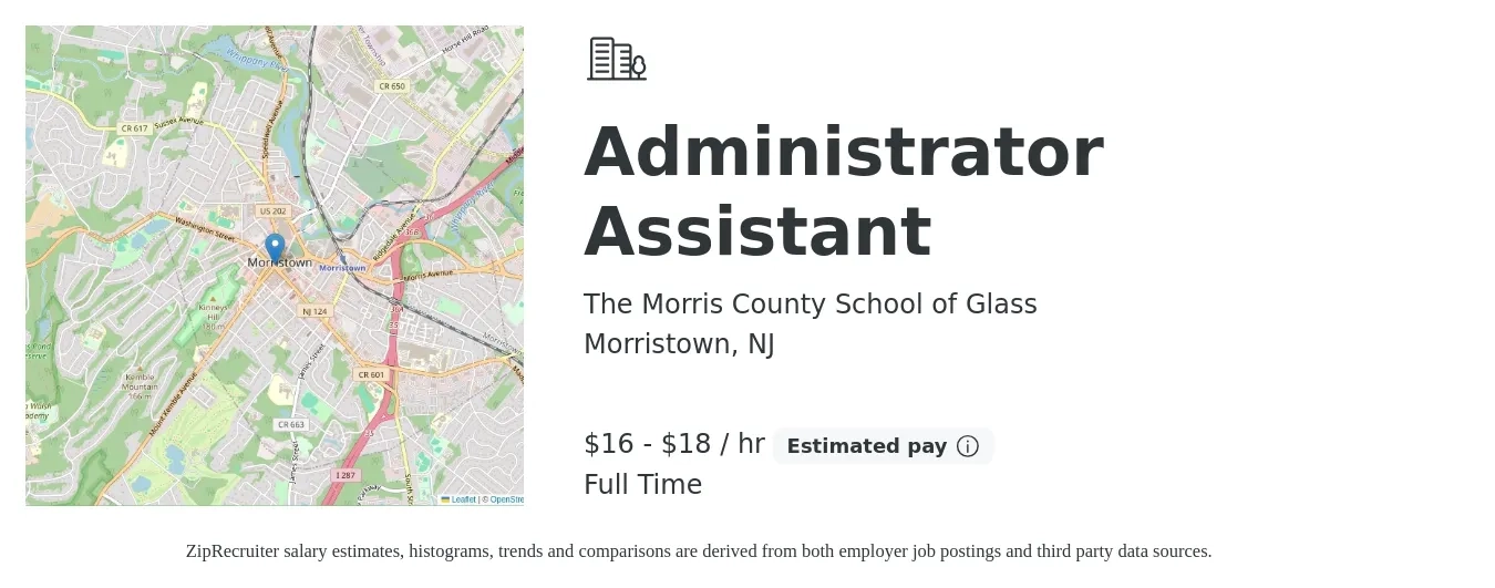 The Morris County School of Glass job posting for a Administrator Assistant in Morristown, NJ with a salary of $17 to $19 Hourly with a map of Morristown location.