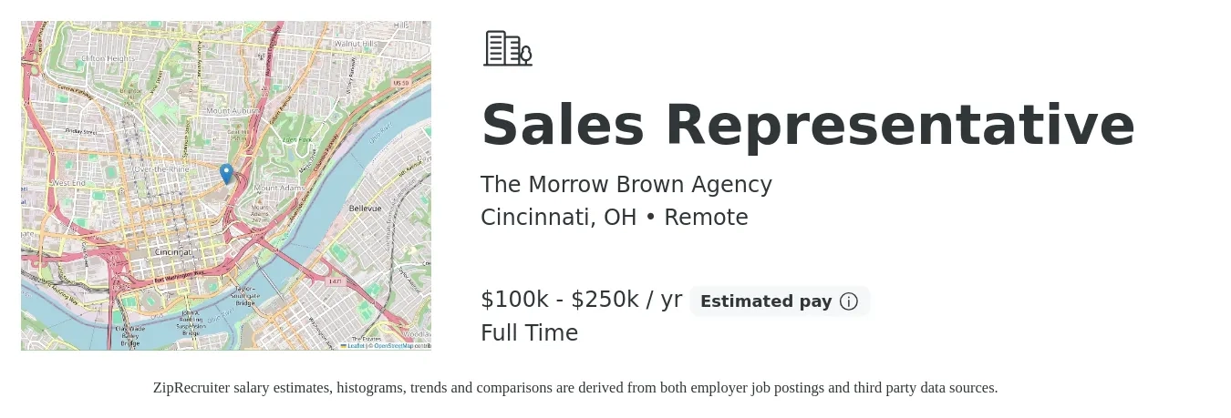 The Morrow Brown Agency job posting for a Sales Representative in Cincinnati, OH with a salary of $100,000 to $250,000 Yearly with a map of Cincinnati location.