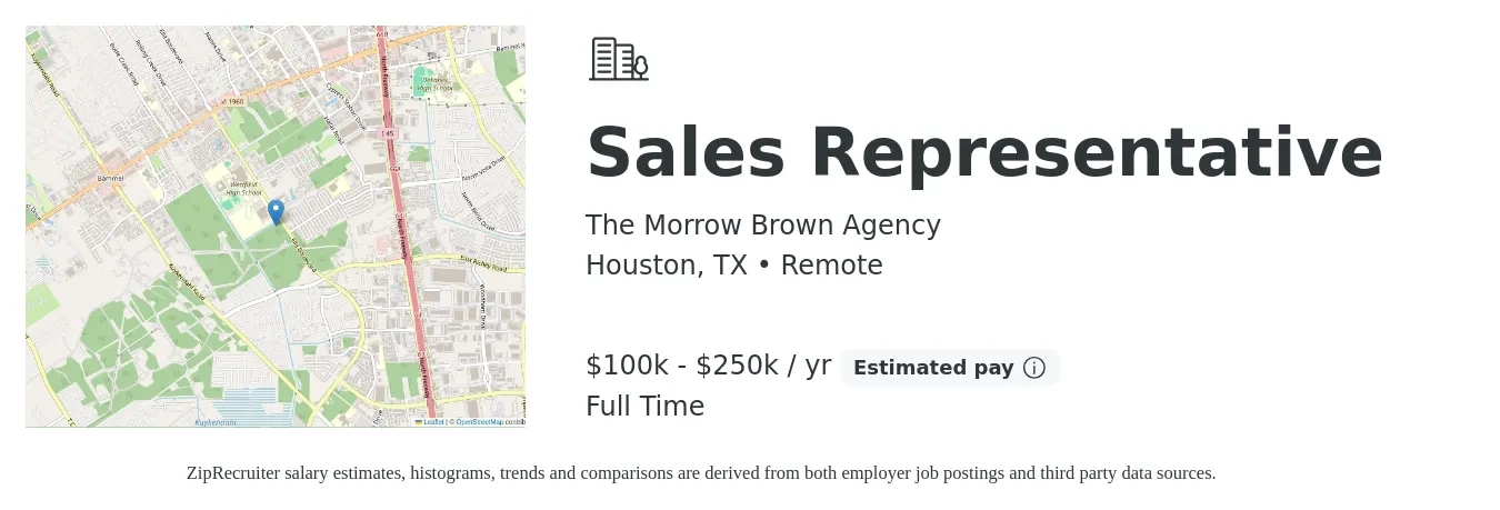 The Morrow Brown Agency job posting for a Sales Representative in Houston, TX with a salary of $100,000 to $250,000 Yearly with a map of Houston location.