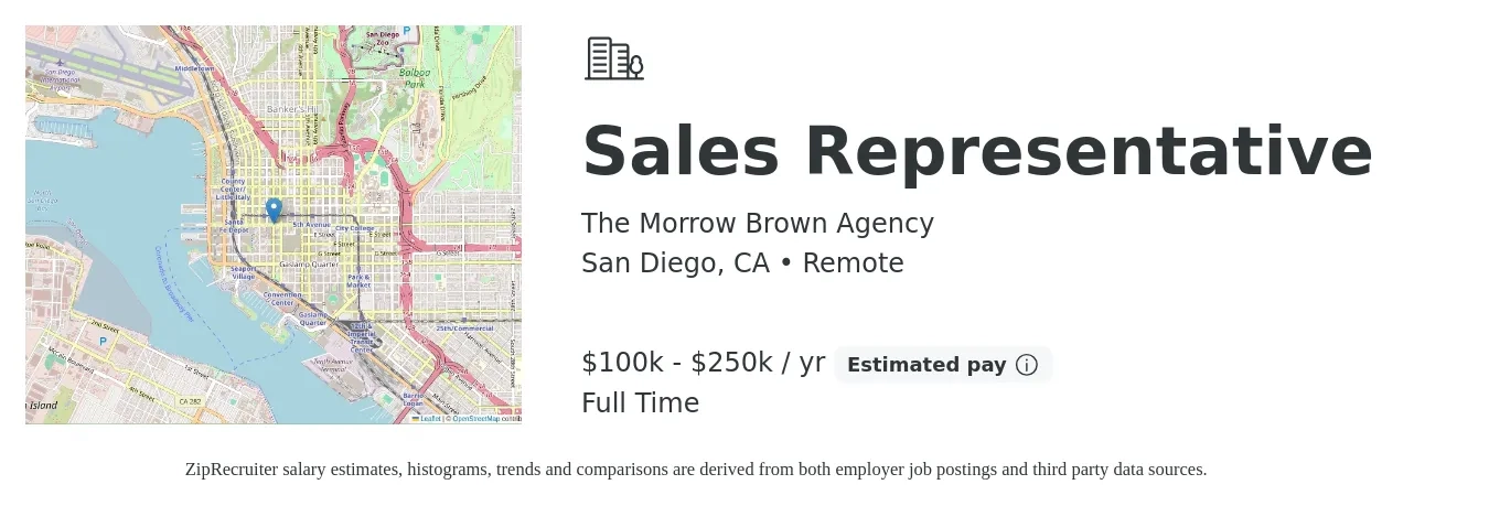The Morrow Brown Agency job posting for a Sales Representative in San Diego, CA with a salary of $100,000 to $250,000 Yearly with a map of San Diego location.