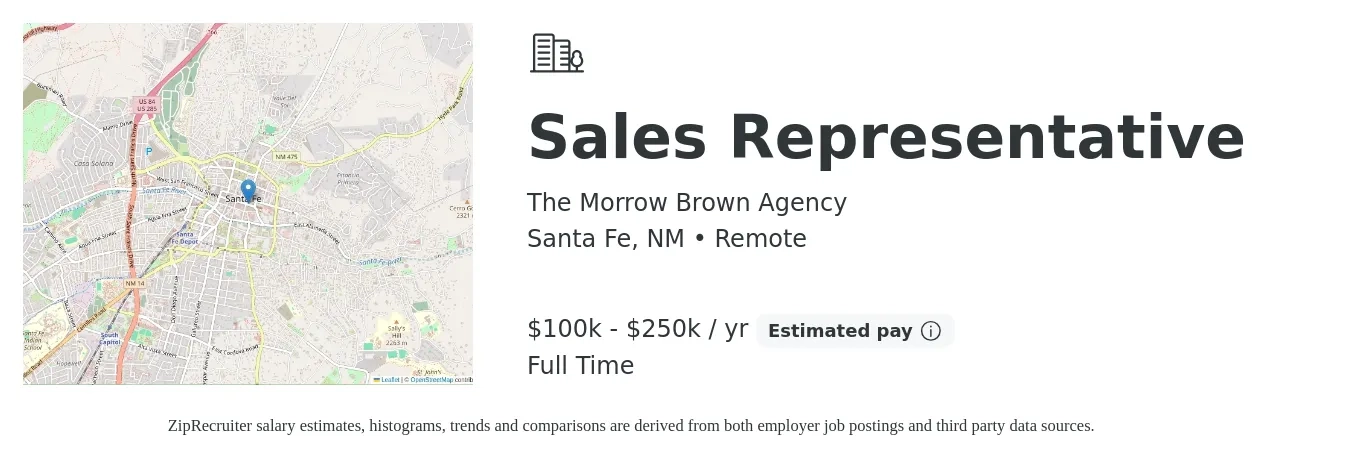 The Morrow Brown Agency job posting for a Sales Representative in Santa Fe, NM with a salary of $100,000 to $250,000 Yearly with a map of Santa Fe location.