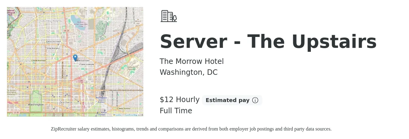 The Morrow Hotel job posting for a Server - The Upstairs in Washington, DC with a salary of $13 Hourly with a map of Washington location.