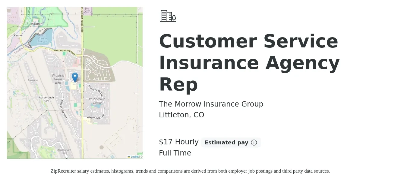 The Morrow Insurance Group job posting for a Customer Service Insurance Agency Rep in Littleton, CO with a salary of $18 Hourly with a map of Littleton location.