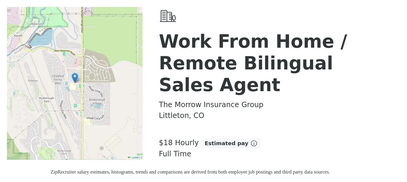 The Morrow Insurance Group job posting for a Work From Home / Remote Bilingual Sales Agent in Littleton, CO with a salary of $19 Hourly with a map of Littleton location.