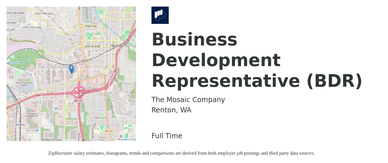 The Mosaic Company job posting for a Business Development Representative (BDR) in Renton, WA with a salary of $50,800 to $79,000 Yearly with a map of Renton location.