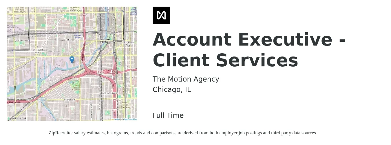 The Motion Agency job posting for a Account Executive - Client Services in Chicago, IL with a salary of $55,700 to $97,900 Yearly with a map of Chicago location.