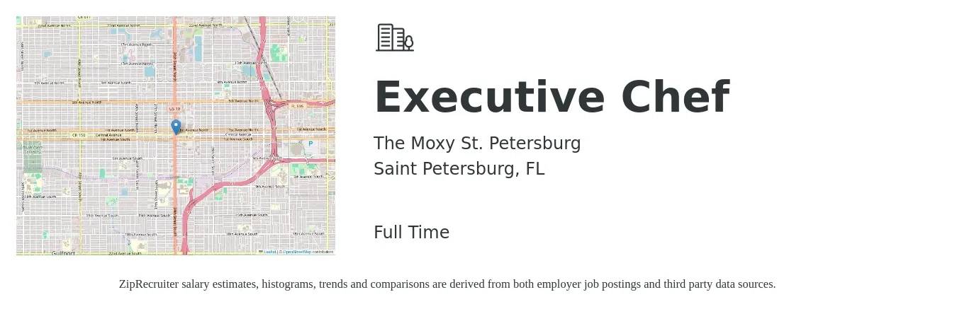 The Moxy St. Petersburg job posting for a Executive Chef in Saint Petersburg, FL with a salary of $67,600 to $93,100 Yearly with a map of Saint Petersburg location.
