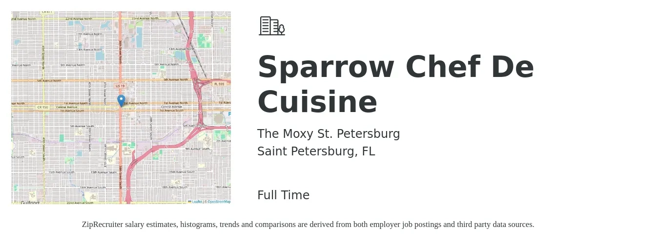 The Moxy St. Petersburg job posting for a Sparrow Chef De Cuisine in Saint Petersburg, FL with a salary of $62,900 to $86,000 Yearly with a map of Saint Petersburg location.