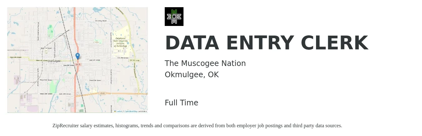 The Muscogee Nation job posting for a DATA ENTRY CLERK in Okmulgee, OK with a salary of $14 to $18 Hourly with a map of Okmulgee location.