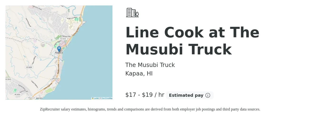 The Musubi Truck job posting for a Line Cook at The Musubi Truck in Kapaa, HI with a salary of $18 to $20 Hourly with a map of Kapaa location.