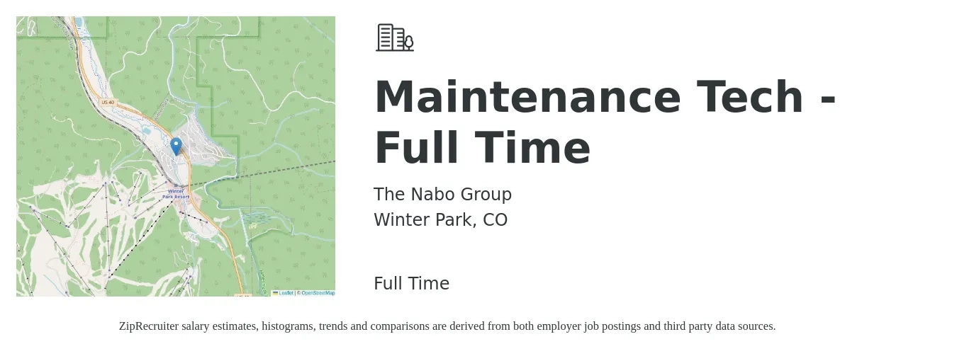 The Nabo Group job posting for a Maintenance Tech - Full Time in Winter Park, CO with a salary of $25 Hourly with a map of Winter Park location.